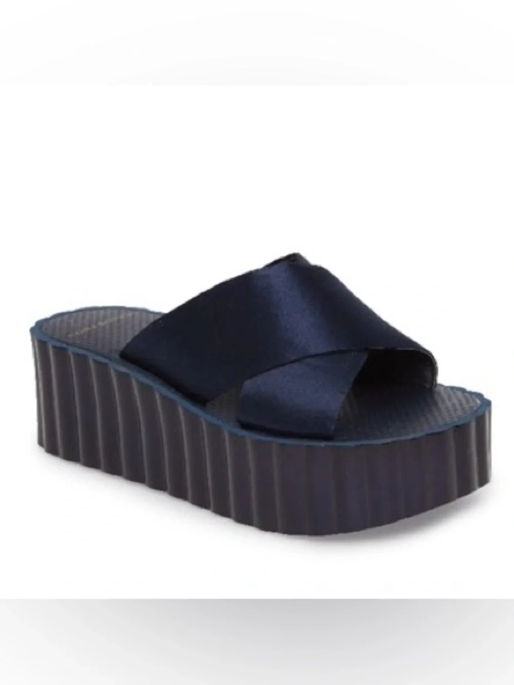 Tory Burch Satin Scalloped Platform Wedge Slide Sandals in Perfect Navy